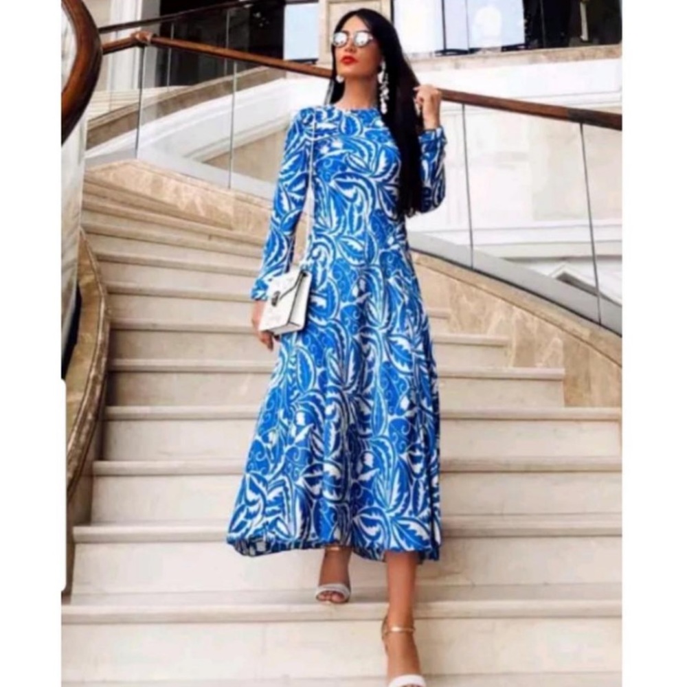 Zara Satin Blue Tan Long Sleeve Midi Dress Size XS - Picture 13 of 13